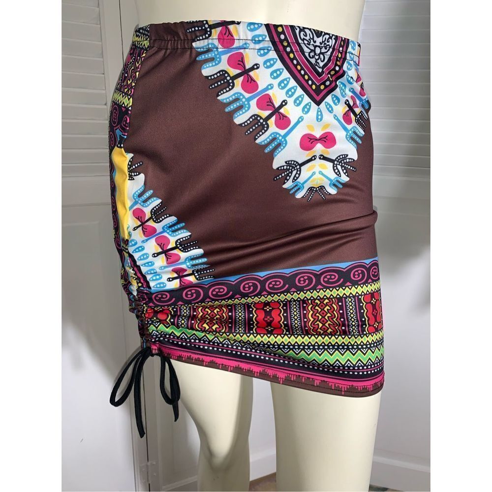 Y2K Colorful Tribal Print Spandex Cinched Mini Skirt Small‎